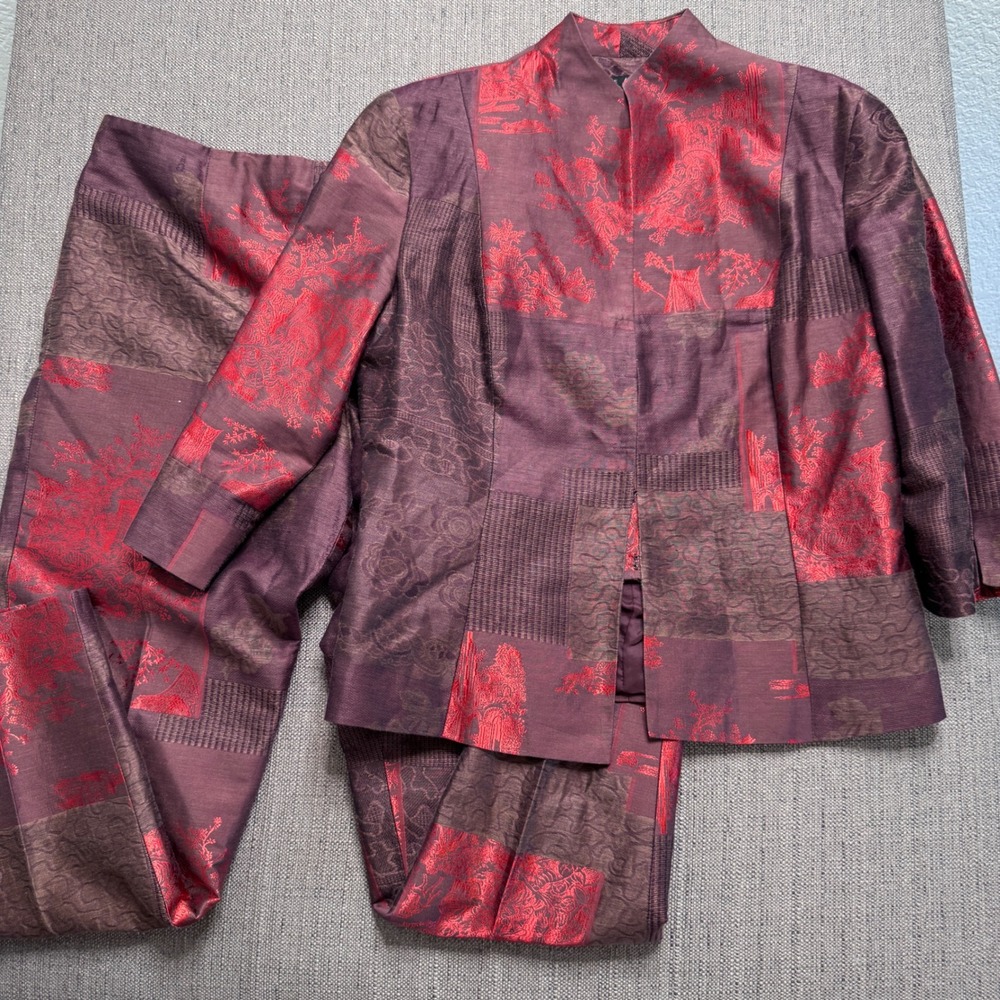 Jenne Maag Womens Silk Linen Jacquard Toile Patchwork Pant Suit Set Plum Red L